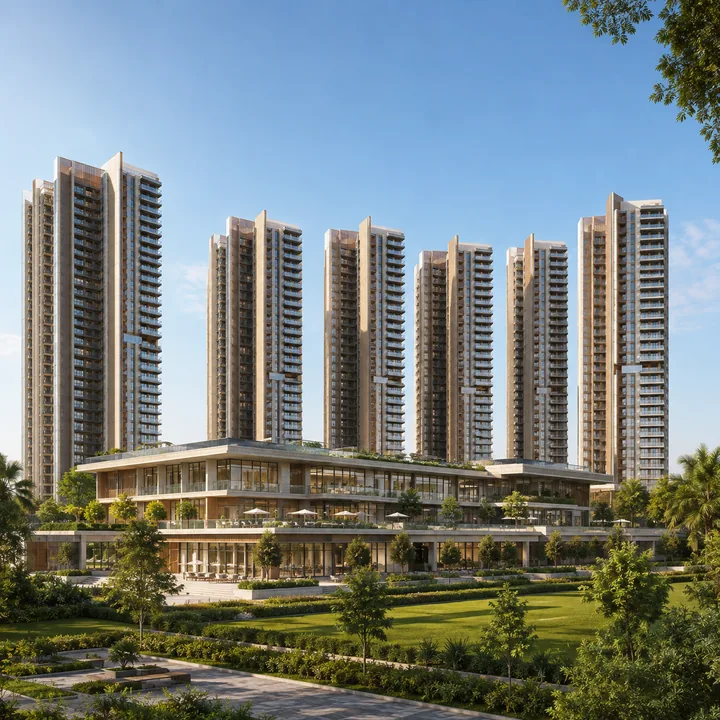 SNN Sarjapur Road clubhouse, a standalone B+G+3 amenity block at 21 m, set as a low horizontal form against the seven residential towers