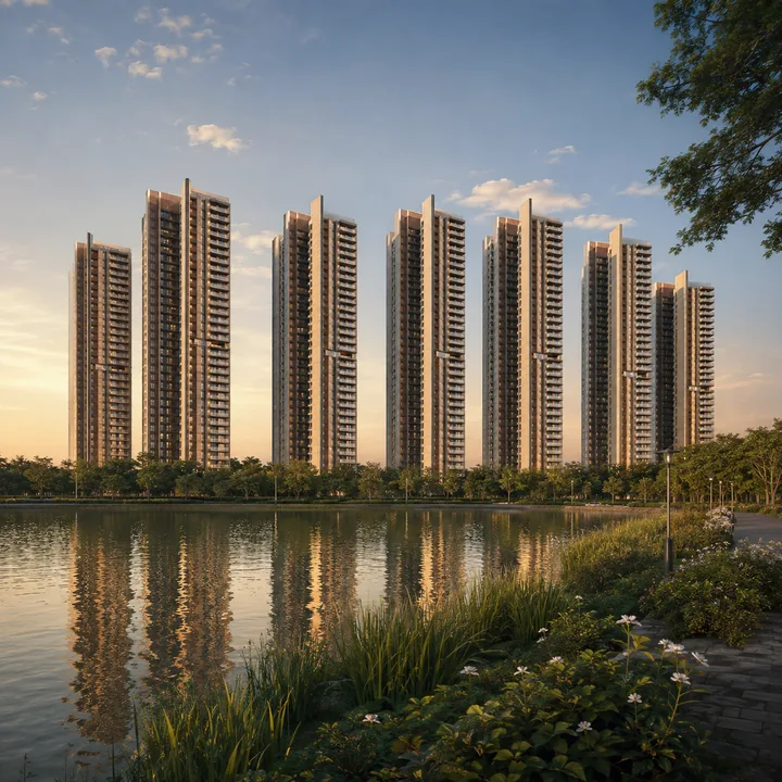 SNN Sarjapur Road towers at golden hour seen across Hosa Lake from the southern landscape buffer