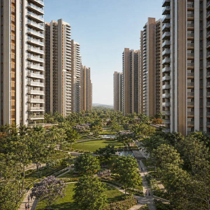 SNN Sarjapur Road central landscape spine with walking loops, event lawn and jacaranda in flower between the towers