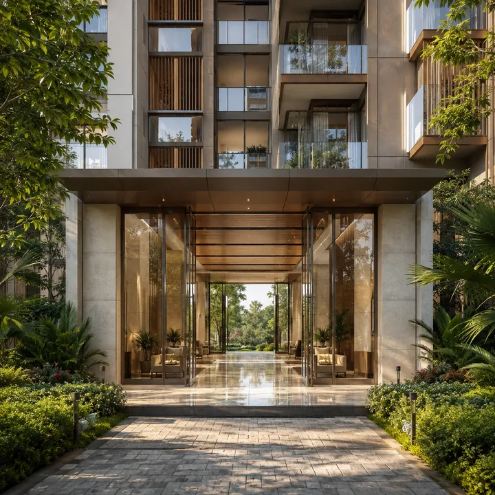 SNN Sarjapur Road tower lobby entrance with a through-view from the landscaped arrival court to the green beyond
