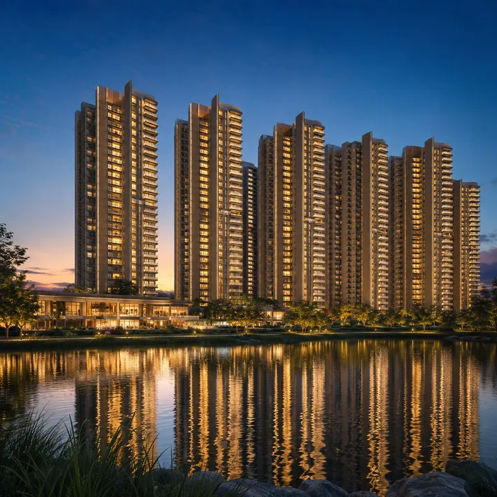 SNN Sarjapur Road night elevation with lit tower faces and the amenity block reflected in Hosa Lake at blue hour