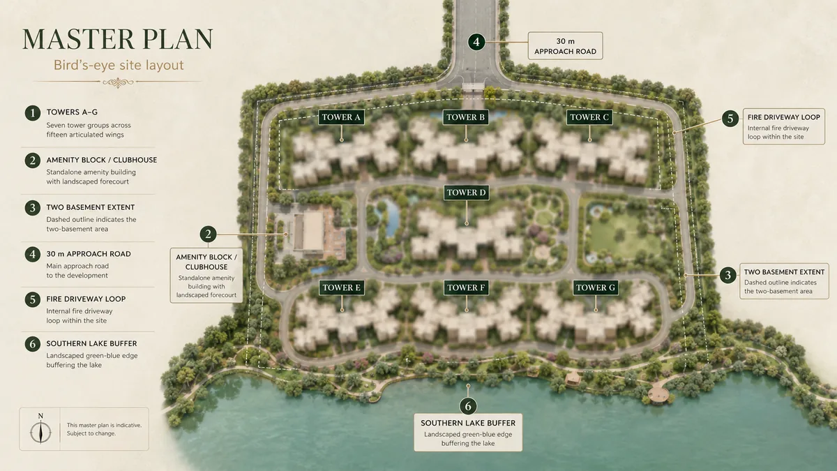 SNN Sarjapur Road master plan showing towers A to G across fifteen wings, the standalone amenity block, the two-basement extent, the 30 m approach road, the internal fire driveway loop and the southern Hosa Lake buffer