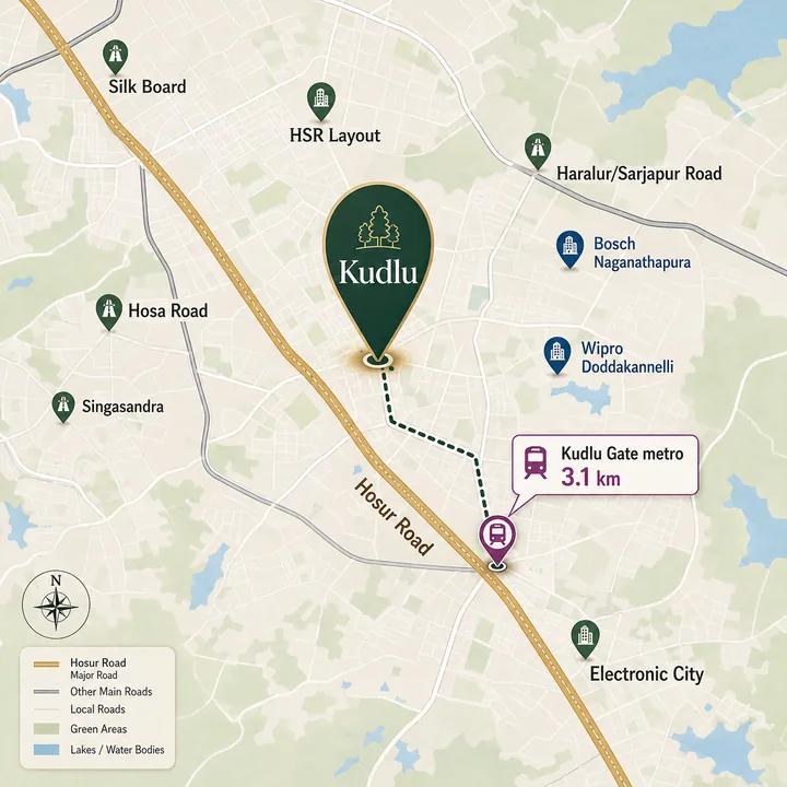 SNN Sarjapur Road location map showing Kudlu Gate metro at 3.1 km by road, Hosa Road and Singasandra stations, Hosur Road, Haralur and Sarjapur Road, Bosch Naganathapura, Wipro Doddakannelli, HSR Layout, Silk Board and Electronic City